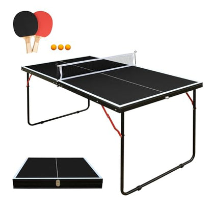 KEIKI 4.5FT Foldable Ping Pong Table, Portable Table Tennis Table with Net & Paddles, Compact Indoor Game Table for Home, Office, Party, Space-Saving Ping Pong Table