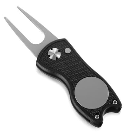 Divot Tool and Ball Marker, Metal Golf Divot Tools with Pop-up Button & Magnetic Marker for Golfers (Black)