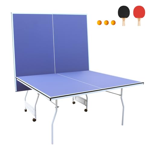 9FT Table Tennis Table, Foldable Ping Pong Table Set for Indoor Games, Portable Table Tennis Table with Net, 2 Table Tennis Paddles and 3 Balls