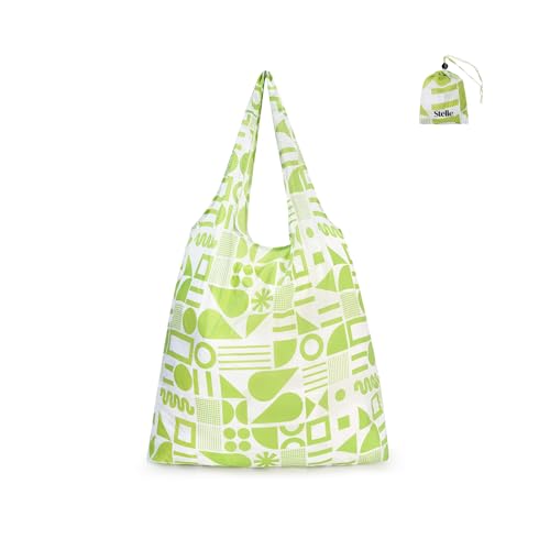 Stelle Lightweight Reusable Grocery Bag with Handles Ripstop Nylon Foldable Tote Shopping Bags for Travel and Groceries - color: Green Geometry