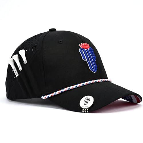NJF Golf Hat Men - Breathable Mens Golf Hats, Adjustable Rope Hook and Loop Style Cap, Convenient Cap with Tee Holder - color: Njf Us Flag Black