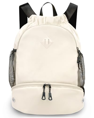 RHDZO Drawstring Backpack Gym Backpack with Shoe Compartment for Men Women String Sports Bag with Wet Pocket Cinch Swim Beach Bag, Large Beige - color: Large Beige