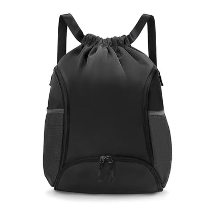 Valleycomfy Sports Gym Bag Drawstring Backpack with Shoes Basketball Bag and Two Water Bottle Holder,Black