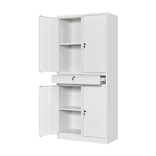 Yizosh Metal Garage Storage Cabinet with Locking Doors and Adjustable Shelves, 71" Tool Storage Cabinet with 1 Drawer for Garage,Office,Warehouse (White) - color: White, size: 1 Drawer - 71"H