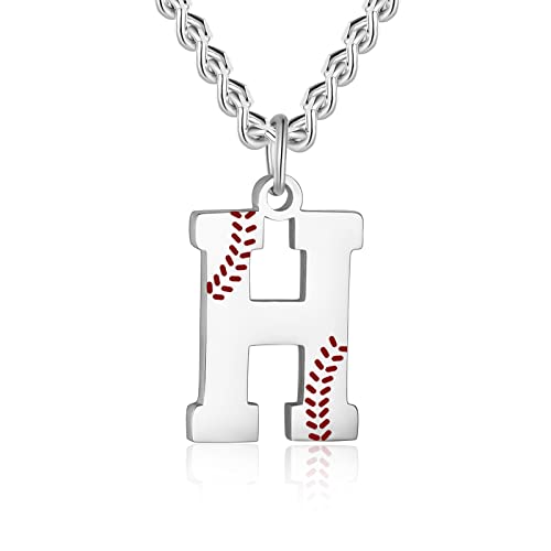 AIAINAGI Baseball Initial A-Z Letter Necklace - Men's Baseball Charm Pendant in Stainless Steel Silver Chain, 22inch Personalized Gift - style: H Letter