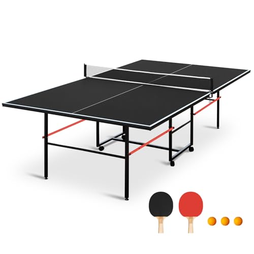 Ping Pong Table Foldable & Portable 6/8/9FT Table Tennis Table Set for Indoor & Outdoor Games with Net & Post, 2 Table Tennis Paddles and 3 Balls - color: Black-9FT
