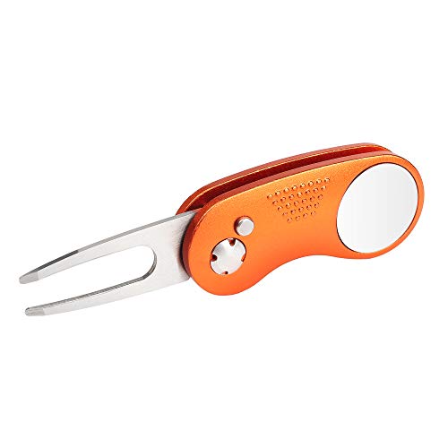 Mile High Life Golf Divot Repair Tool, All Metal Foldable Divot Tool with Pop-up Button & Magnetic Ball Marker - color: Orange Curve