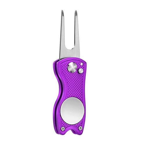 Mile High Life Golf Divot Repair Tool, All Metal Foldable Divot Tool with Pop-up Button & Magnetic Ball Marker, 2-6 Pack - color: Purple Fish