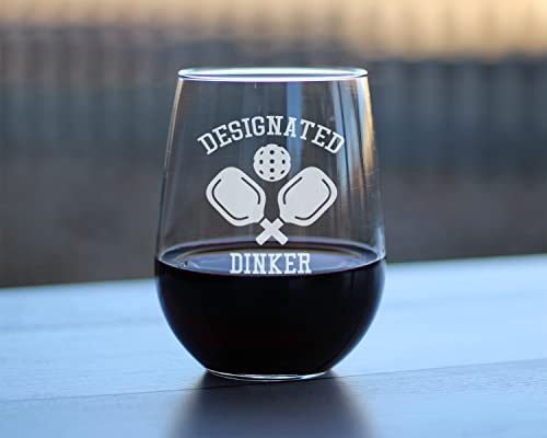 Bevvee Designated Dinker - Stemless Wine Glass - Fun Pickleball Gifts and Decor - Large 17 Ounce