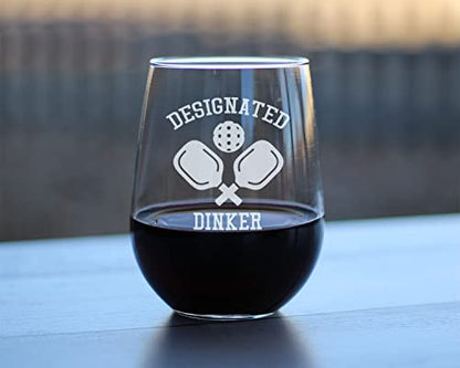 Bevvee Designated Dinker - Stemless Wine Glass - Fun Pickleball Gifts and Decor - Large 17 Ounce