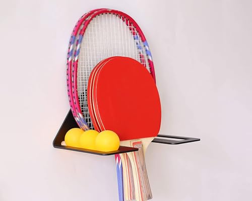 Ping Pong Paddle Holder Wall Mount, Metal Table Tennis Racket Display Rack with Ping Pong Ball Storage Container, Heavy Duty Iron Wall Shelf Organizer for Game Room Home Garage
