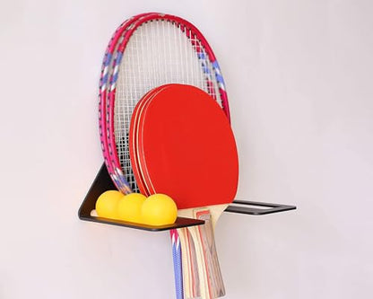 Ping Pong Paddle Holder Wall Mount, Metal Table Tennis Racket Display Rack with Ping Pong Ball Storage Container, Heavy Duty Iron Wall Shelf Organizer for Game Room Home Garage