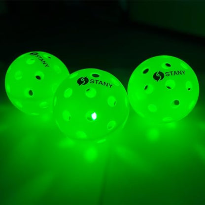STANY Night Play Pickleball Balls (Updated 2026 Model)– LED Pickleball, Glow in the Dark, Lighted, USAPA Size, 40-Hole, Indoor/Outdoor, Beginner/Competitive, Gift, Green, 6 Pack, 3 Extra Batteries