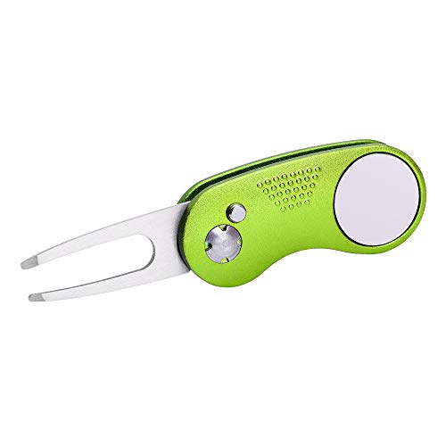 Mile High Life Golf Divot Repair Tool, All Metal Foldable Divot Tool with Pop-up Button & Magnetic Ball Marker - color: Lime Green Curve
