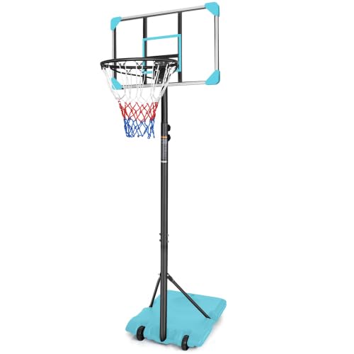 Portable Basketball Hoops Height Adjustable 5.6ft -7ft Basketball System 28 Inch Backboard with Wheels for Teenagers Youth Indoor Outdoor Use - color: Blue