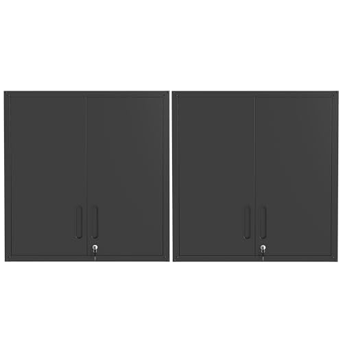 2-Pack Garage Tool Cabinet,Heavy Duty Steel Garage Storage System with Lockable Doors & Adjustable Shelves,Wall Mount Tool Cabinet Set for Workshop Organization,Black