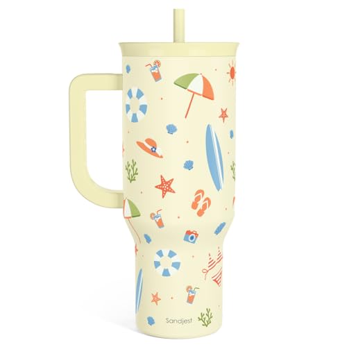 SANDJEST Beach 40oz Tumbler with Handle and Straw, Insulated Stainless Steel Travel Coffee Mug for Women Girls Beach Lovers, Gift Idea for Birthday Christmas Mothers Day Summer Vacation (Color) - color: Beach Lover 1