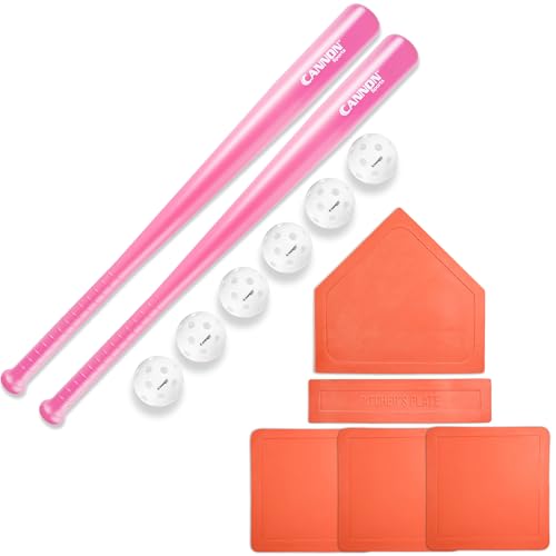 Cannon Sports Plastic Baseball Set with Two 29.5-Inch Bats, 6 Baseballs and 5 Throwdown Baseball Bases for Indoor Outdoor Games - color: Pink, style: 2 Bats + 6 Balls + Orange Bases