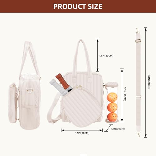 Women's Pickleball Bag with Ball Bag, Waterproof Pickle Ball Bag Tote Shoulder Bag - color: Cream