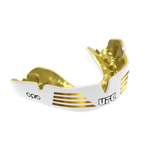 OPRO Instant Custom-Fit Mouth Guard, Dentist-Level Comfort, Protection & Fit - Moldable Mouthguard for Football, Boxing, Rugby, MMA, BJJ, UFC Mouth Piece- Includes Mouth Guard Case (UFC White, Adult) - color: Ufc Strike - Gold/White, size: Adult (10+)