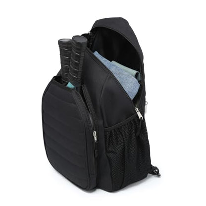 Sling Bag Crossbody Backpack for Pickleball Paddle Tennis Racketball Travel for Men and Women, with Ice Bag 2PS - color: Black