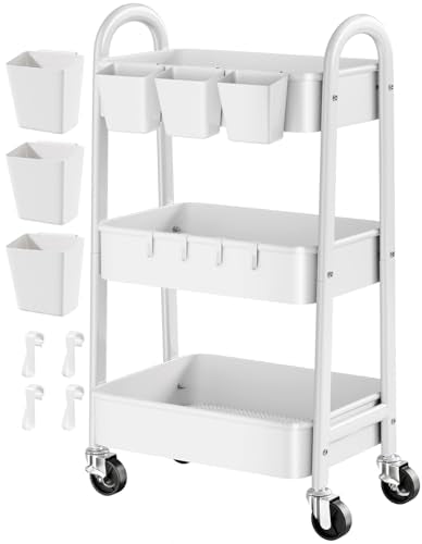 3 Tier Rolling Cart Metal with Wheels, Heavy Duty White Three Tiered Craft Cart Organizer on Wheels, Utility Roller Storage Carts for Art, Baby Nursery, Diaper Caddy, Snack,Book,Nail,Cleaning Supplies - color: Pure White