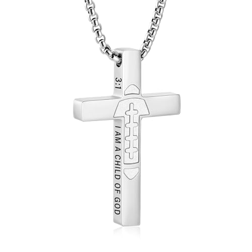 Football Cross Necklace for Boys Men, Stainless Steel Bible Verse Cross Pendant Chain Sports Gear Stuff Christian Religious Jewelry Gifts for Teen Boys Kids - color: Silver, style: I AM A CHILD OF GOD