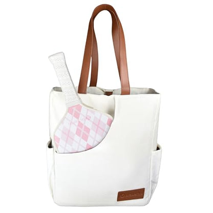 Designer Pickleball Bags for Women | Canvas & Vegan Leather Pickle Ball Tote Bag with Cover Pockets for 4 Paddles | 14"x12"x5.5" Small/Medium Tote Bag with Paddle Pocket & Fence Hook
