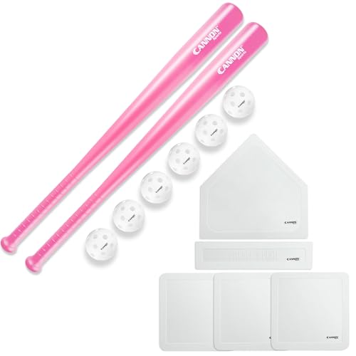 Cannon Sports Plastic Baseball Set with Two 29.5-Inch Bats, 6 Baseballs and 5 Throwdown Baseball Bases for Indoor Outdoor Games - color: Pink, style: 2 Bats + 6 Balls + White Bases