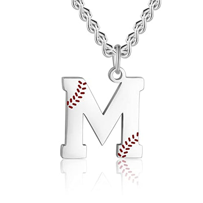 AIAINAGI Baseball Initial A-Z Letter Necklace - Men's Baseball Charm Pendant in Stainless Steel Silver Chain, 22inch Personalized Gift - style: M Letter