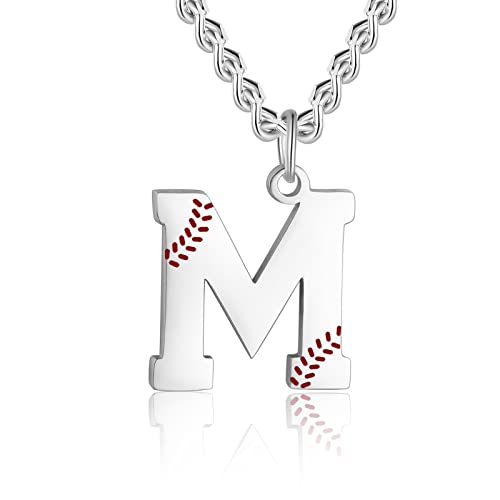 AIAINAGI Baseball Initial A-Z Letter Necklace - Men's Baseball Charm Pendant in Stainless Steel Silver Chain, 22inch Personalized Gift - style: M Letter