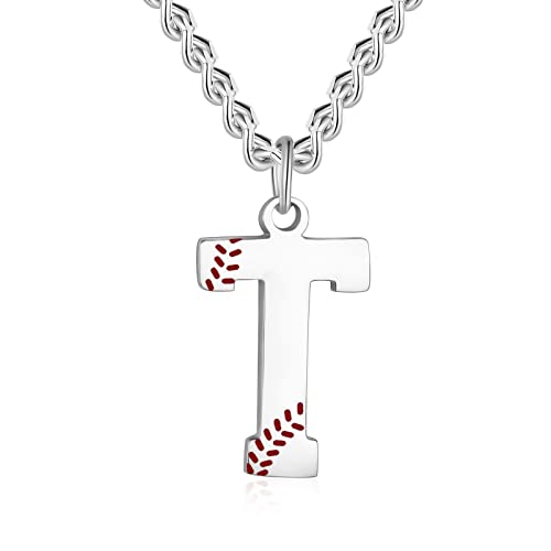 AIAINAGI Baseball Initial A-Z Letter Necklace - Men's Baseball Charm Pendant in Stainless Steel Silver Chain, 22inch Personalized Gift - style: T Letter