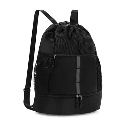 Valleycomfy Drawstring Gym Bag Sports Backpack With Shoe Compartment and Reflective Strips Black - color: Black