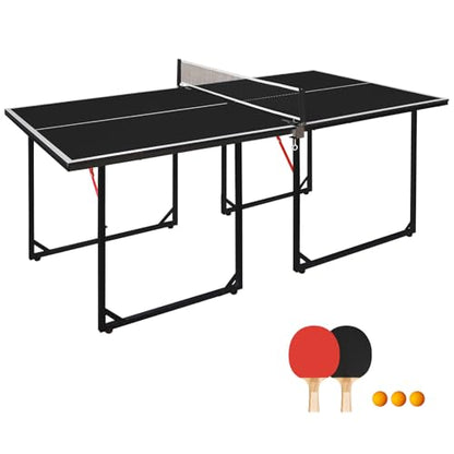 6x3ft Ping Pong Table, Mid-Size Portable Table Tennis Table Set with Net, 2 Table Tennis Paddles and 3 Balls for Kids & Adults, Not Full Size, Space-Saving Design