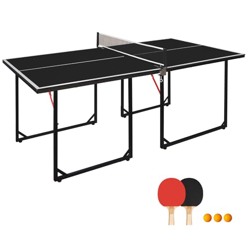 6x3ft Ping Pong Table, Mid-Size Portable Table Tennis Table Set with Net, 2 Table Tennis Paddles and 3 Balls for Kids & Adults, Not Full Size, Space-Saving Design