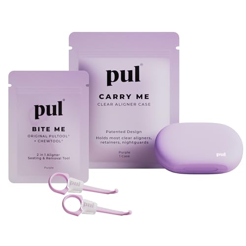 PUL Aligner Care Convenience Kit – Case + 2-in-1 Tool for Invisalign, Retainers, Partial Dentures, Mouth & Night Guards & More – Purple Case & 2-Pack of Purple Aligner Seating Chewie & Removal Tool - color: Purple Combo