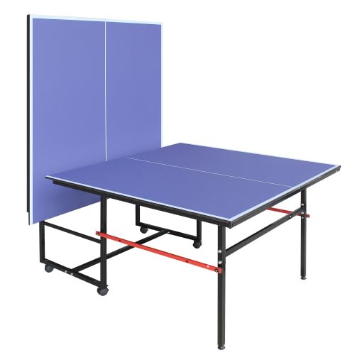 8Ft Mid-Size Ping Pong Table, Foldable & Portable Table Tennis Table Set for Indoor Games with Net, 2 Table Tennis Paddles and 3 Balls - color: Blue