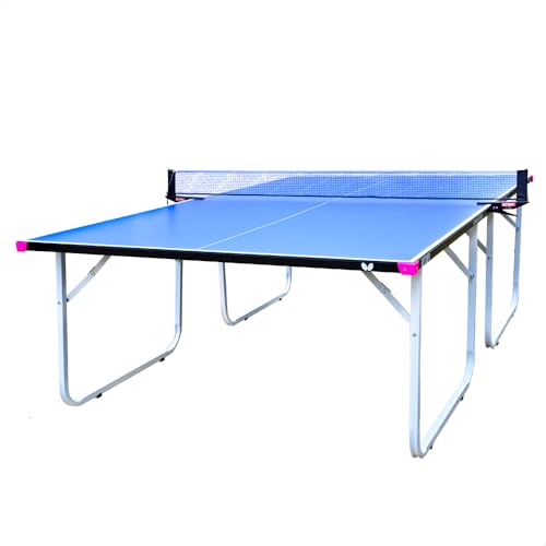 Butterfly Compact Outdoor Ping Pong Table - Thick Outdoor Table Tennis Table - All-Weather Removable Ping Pong Net Included - Ships Assembled - Folds and Rolls for Easy Transport - color: Blue