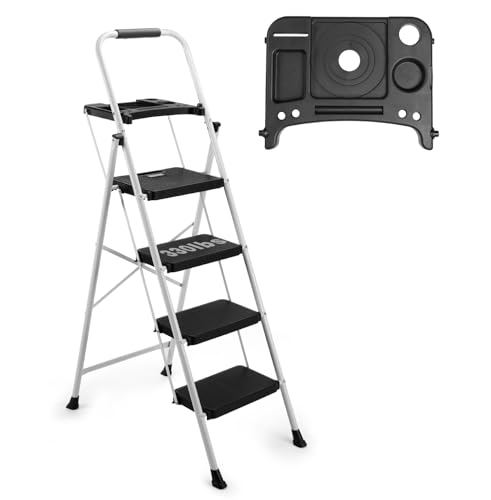 4-Step Ladder with Wide Anti-Slip Platform & Thick Rubber Feet | Heavy Duty Foldable & Portable | 330 lbs Capacity, Steel Frame, Rubber Handgrip, Folding Step Stool - color: White, size: 4-Step