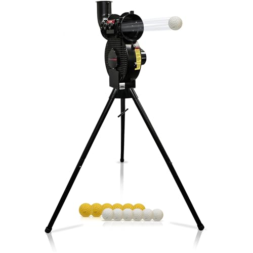PowerNet Launch F-lite Softball & Baseball Pitching Machine, Dimpled Practice Balls, Bucket of Baseballs, Coaching Bucket Bundle for Pitching Machine, Baseball Training Equipment