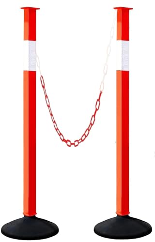 2 Pack Traffic Delineator Post Cones with Weighted Base, Adjustable Orange Safety Cones with Reflective Collars & Plastic Chains, Construction Parking Barrier Cones for Driving Practice Driveway Road