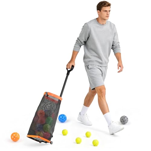 Rolling Pickleball Ball Collector with Wheels & Telescopic Handle - Large Capacity Tennis Ball Hopper Basket with Durable Mesh, Portable Ball Retriever for Tennis, Pickleball & Baseball Training