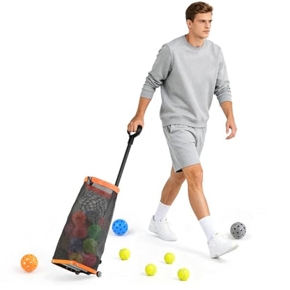 Rolling Pickleball Ball Collector with Wheels & Telescopic Handle - Large Capacity Tennis Ball Hopper Basket with Durable Mesh, Portable Ball Retriever for Tennis, Pickleball & Baseball Training