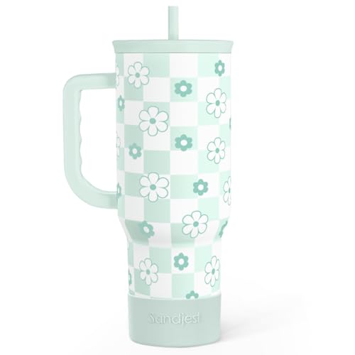 SANDJEST 40oz Daisy Flower Tumbler with Handle and Straw - Insulated Stainless Steel Coffee Travel Mug for Women Girls, Floral Gift Idea for Birthday Christmas - color: Checker Daisy