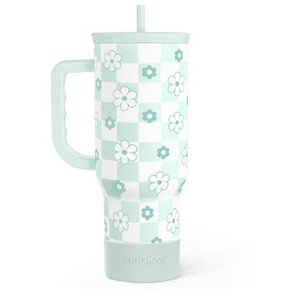 SANDJEST 40oz Daisy Flower Tumbler with Handle and Straw - Insulated Stainless Steel Coffee Travel Mug for Women Girls, Floral Gift Idea for Birthday Christmas - color: Checker Daisy