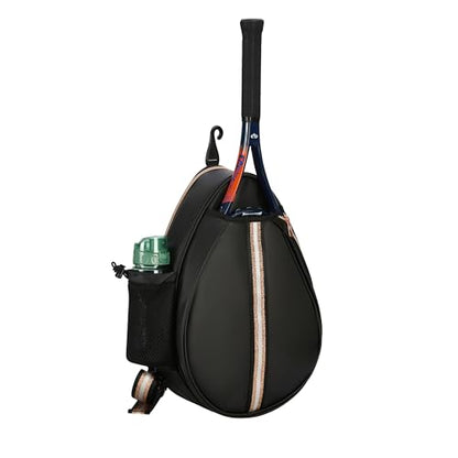 White PU One Shoulder Crossbody Tennis Backpack Girls Tennis Bag Tennis Racket Sling Bag for Women, with Water Bottle Holder - color: Black