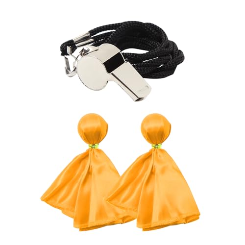 VKT 3Pcs Referee Set Football Yellow & Red Penalty Flags and Stainless Steel Whistle for Soccer Ref Umpire Coaches Halloween - color: Yellow