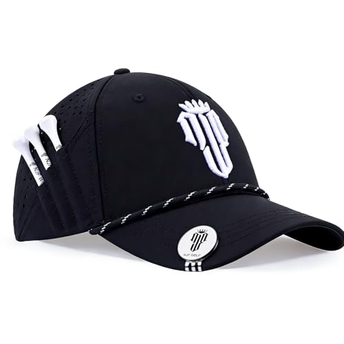 NJF Golf Hat Men - Breathable Mens Golf Hats, Adjustable Rope Hook and Loop Style Cap, Convenient Cap with Tee Holder - color: Black