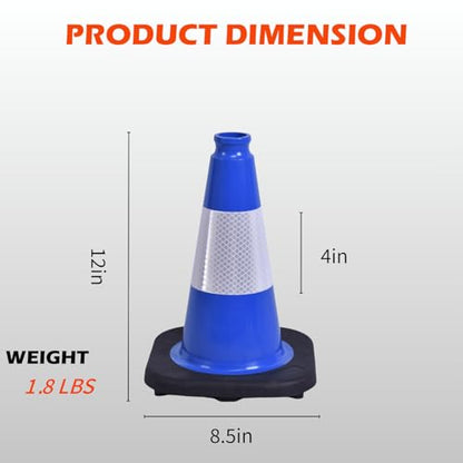4 Pack 12 Inch Blue PVC Traffic Cones Black Base, Sport Training Cones for Soccer Drills, Outdoor Play, Indoor Gym Activities (4, Blue, 12 Inch)