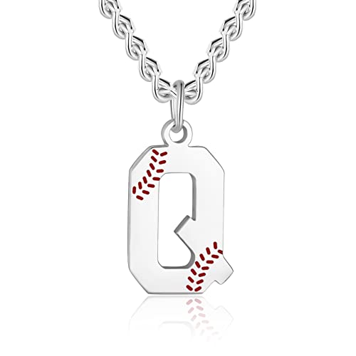 AIAINAGI Baseball Initial A-Z Letter Necklace - Men's Baseball Charm Pendant in Stainless Steel Silver Chain, 22inch Personalized Gift - style: Q Letter